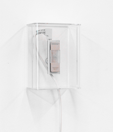 Installation, mixed media: ipod shuffle with soundcollage, earphones, packaging,<br> handsanitizer, papertowel dispenser, trash can 