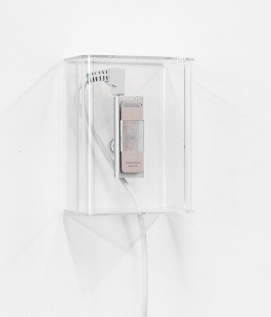 Installation, mixed media: ipod shuffle with soundcollage, earphones, packaging,<br> handsanitizer, papertowel dispenser, trash can 